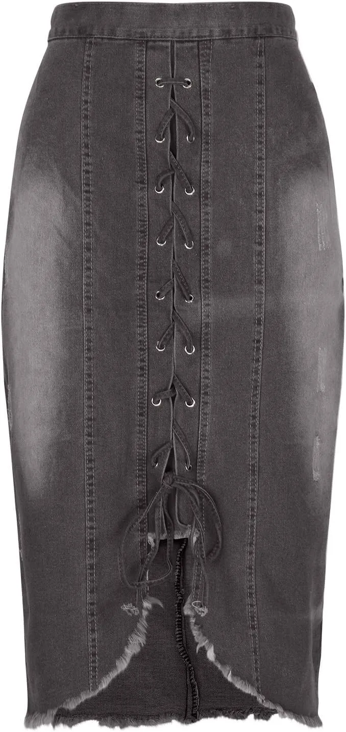 Women Lace-Up Front Split Denim Dressy High Waist Jean Pencil Skirts Fashion Distressed Raw Hem Slim Fit Midi Skirt