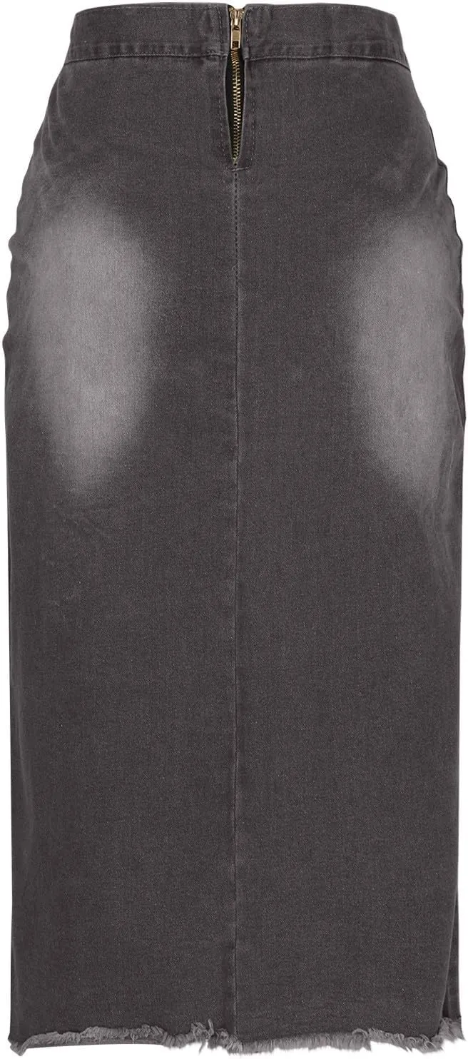Women Lace-Up Front Split Denim Dressy High Waist Jean Pencil Skirts Fashion Distressed Raw Hem Slim Fit Midi Skirt
