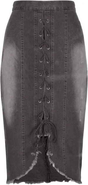 Women Lace-Up Front Split Denim Dressy High Waist Jean Pencil Skirts Fashion Distressed Raw Hem Slim Fit Midi Skirt