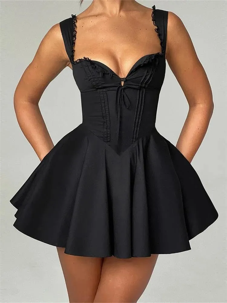 Women Short Mini Deep V Neck Backless Ruffles Hem Sleeveless Dress