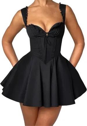 Women Short Mini Deep V Neck Backless Ruffles Hem Sleeveless Dress