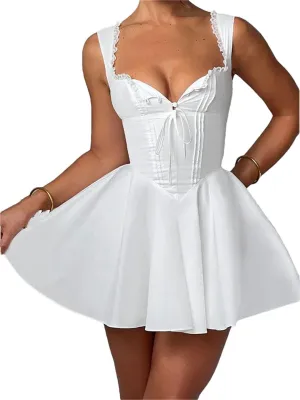 Women Short Mini Deep V Neck Backless Ruffles Hem Sleeveless Dress