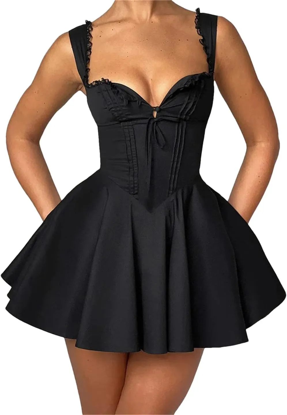 Women Short Mini Deep V Neck Backless Ruffles Hem Sleeveless Dress