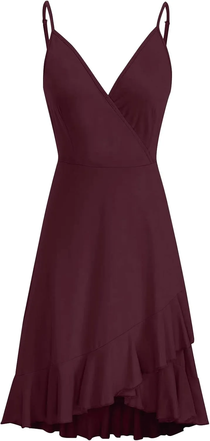 Women Summer Wrap V Neck Adjustable Spaghetti Straps Chest Pleats Casual Ruffle Dress Blossoms Strap Dress