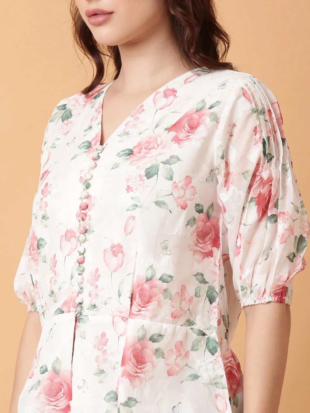 Women White Floral Print Puff Sleeve Georgette Peplum Top