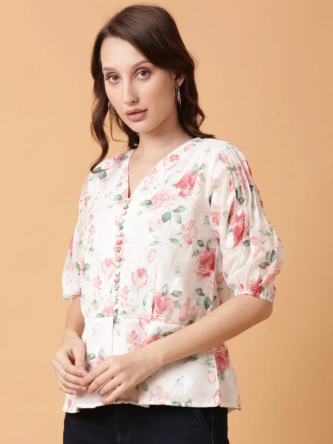 Women White Floral Print Puff Sleeve Georgette Peplum Top
