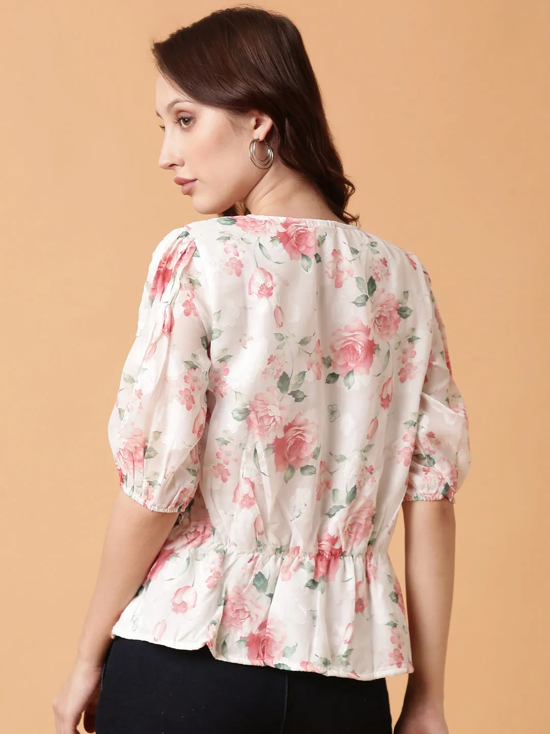 Women White Floral Print Puff Sleeve Georgette Peplum Top