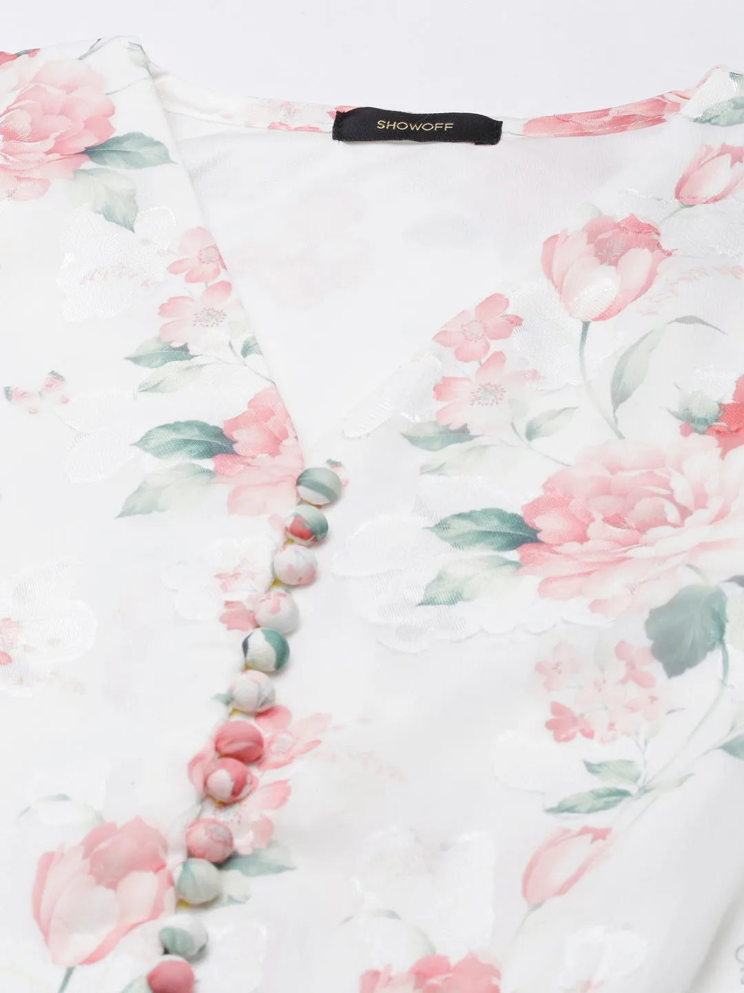 Women White Floral Print Puff Sleeve Georgette Peplum Top