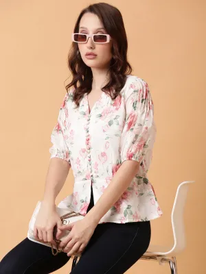 Women White Floral Print Puff Sleeve Georgette Peplum Top