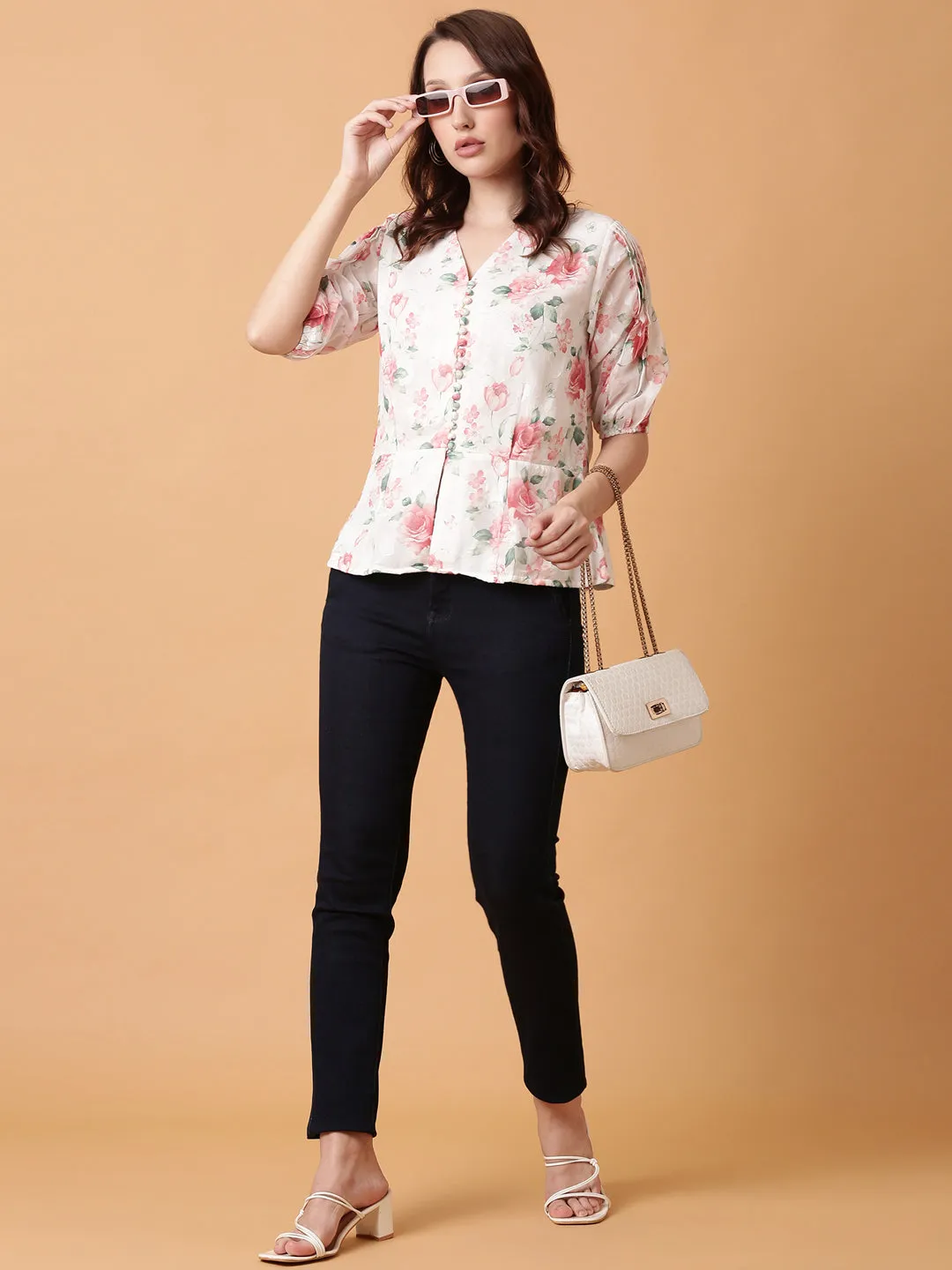 Women White Floral Print Puff Sleeve Georgette Peplum Top