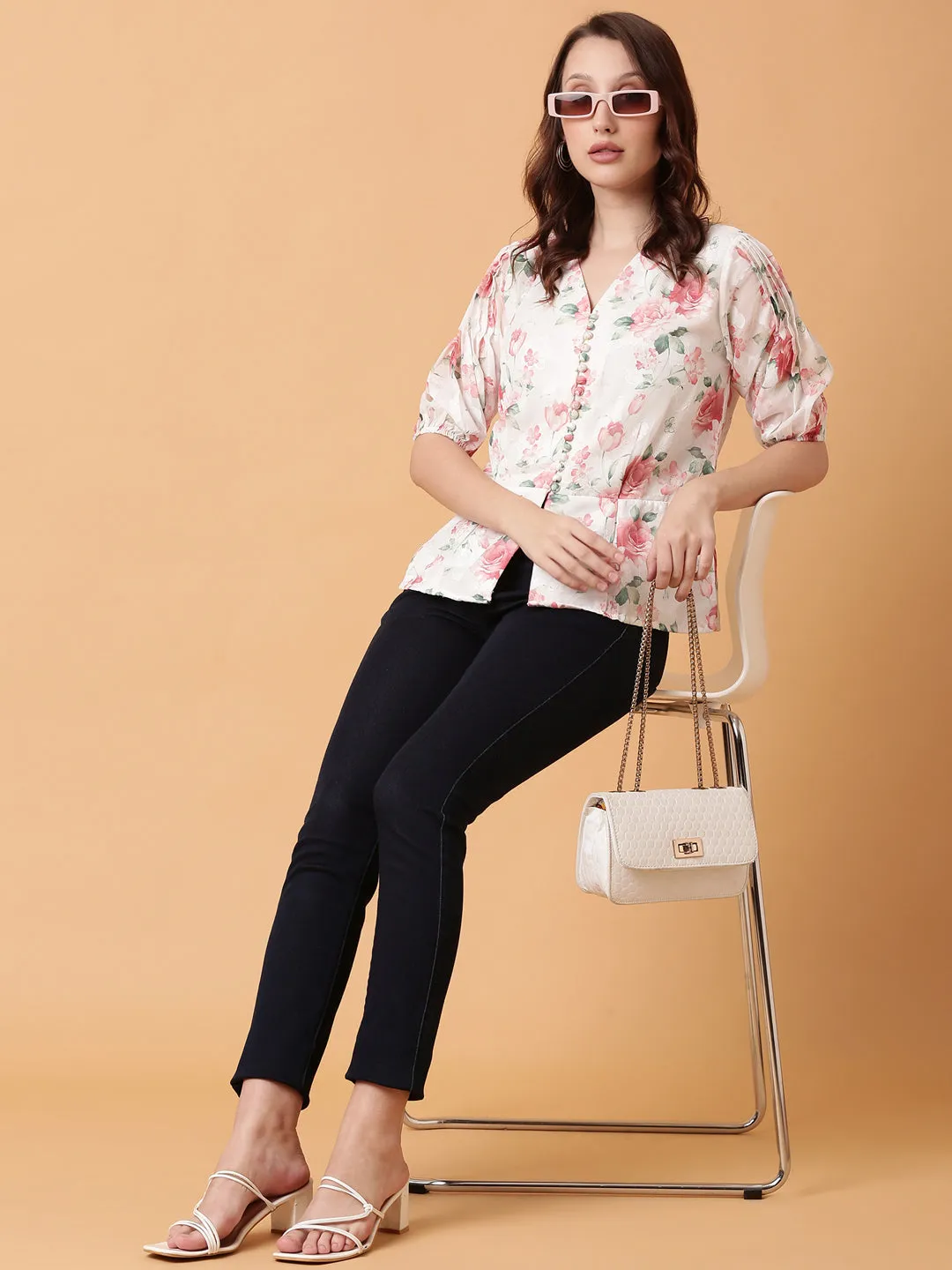 Women White Floral Print Puff Sleeve Georgette Peplum Top
