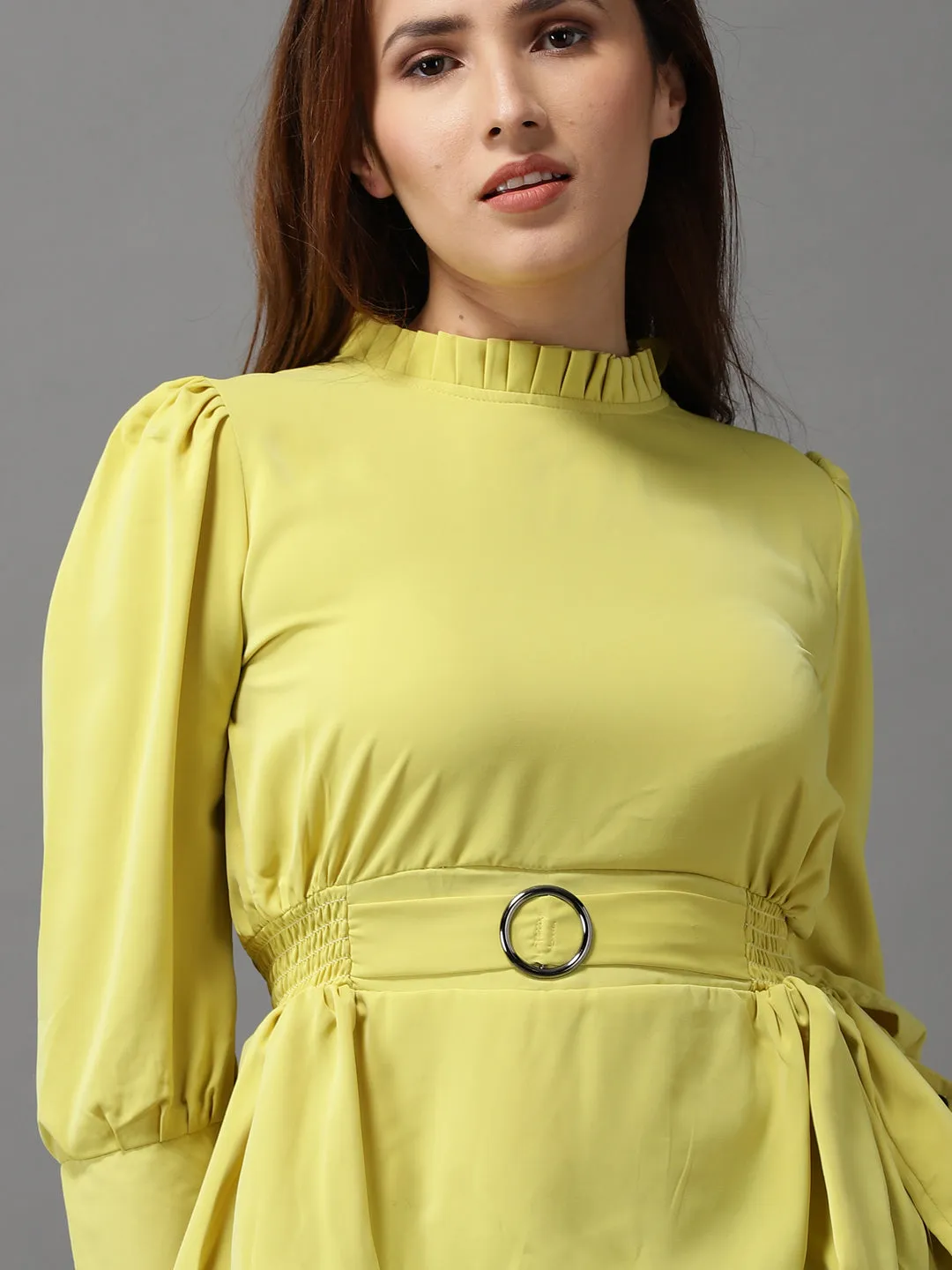 Women Yellow Crepe Cinched Waist Top
