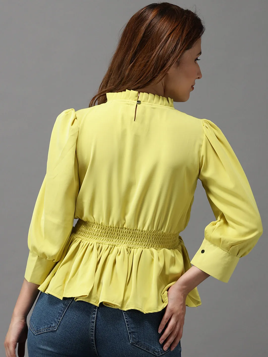Women Yellow Crepe Cinched Waist Top