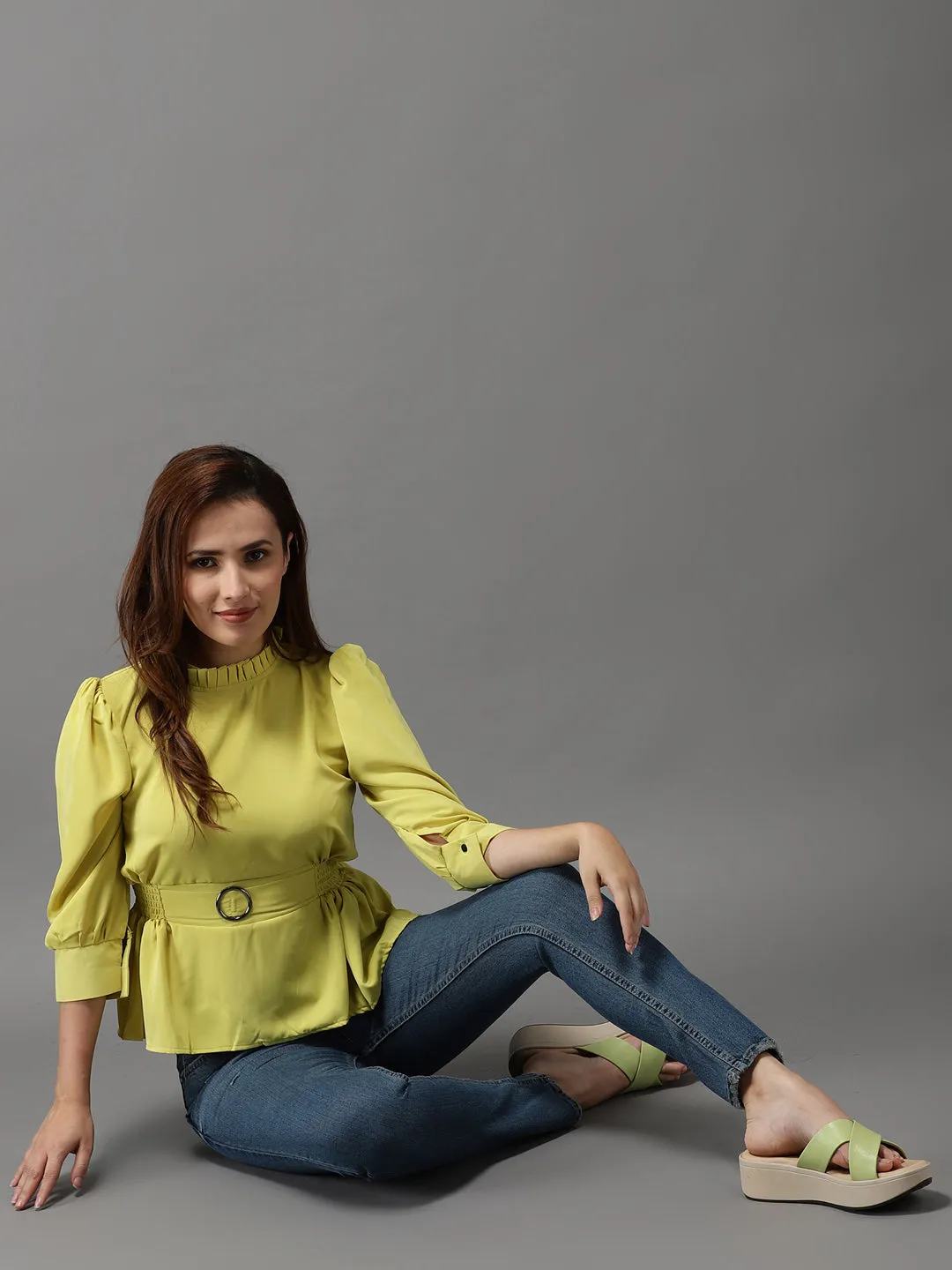 Women Yellow Crepe Cinched Waist Top