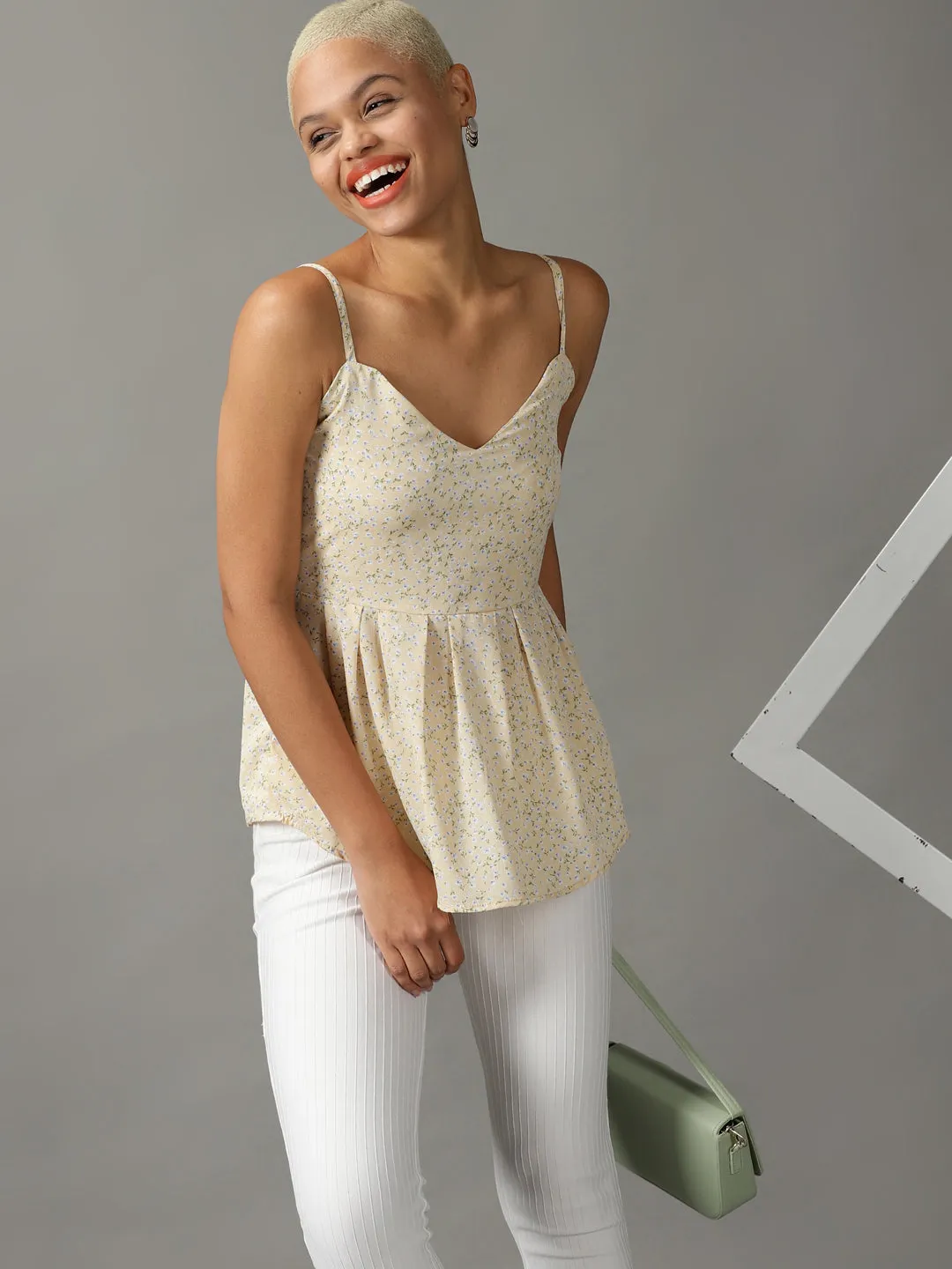 Women Yellow Floral Printed Georgette Peplum Top