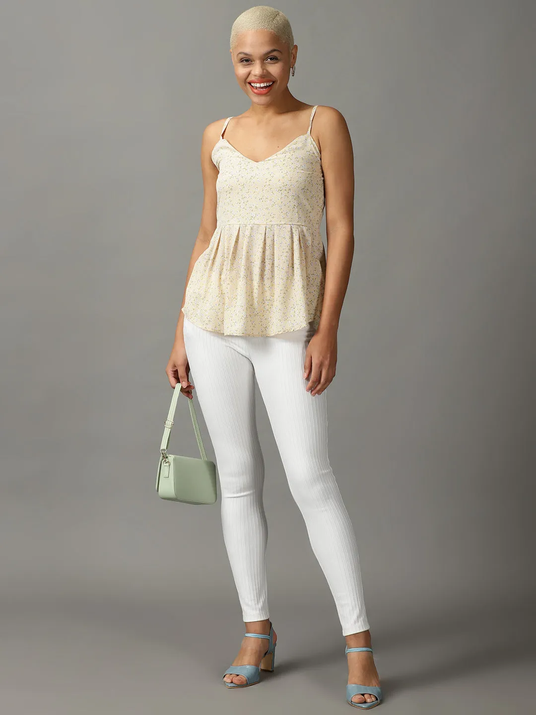 Women Yellow Floral Printed Georgette Peplum Top