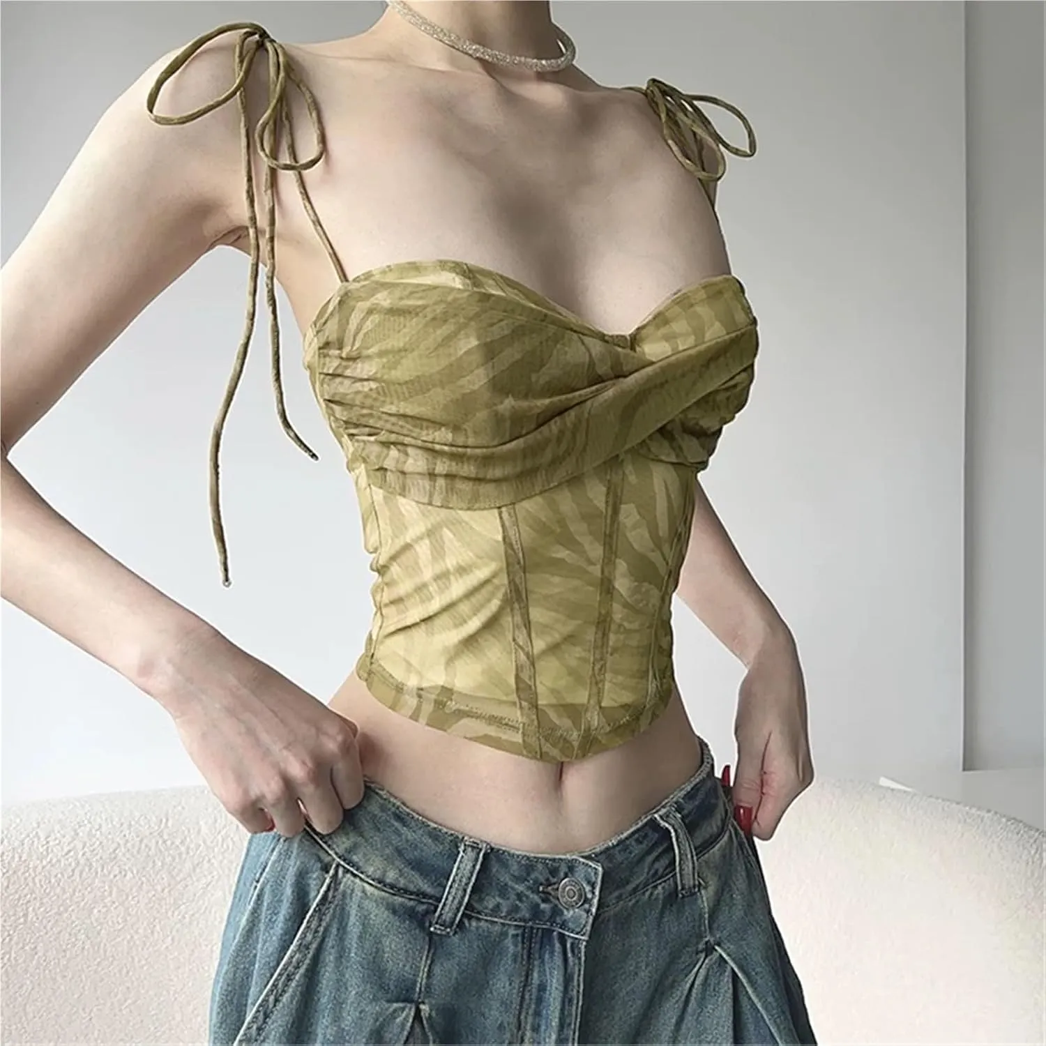 Women's camisole tank top, backless strappy bustier camisole tank top, mesh waistband bustier camisole