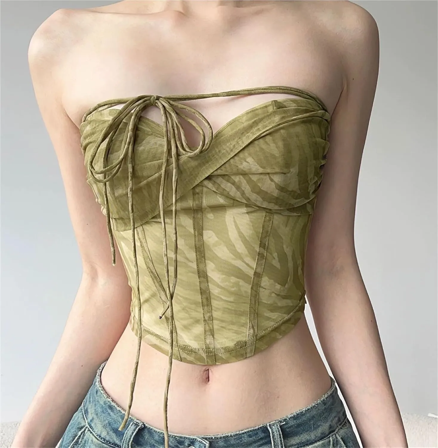 Women's camisole tank top, backless strappy bustier camisole tank top, mesh waistband bustier camisole