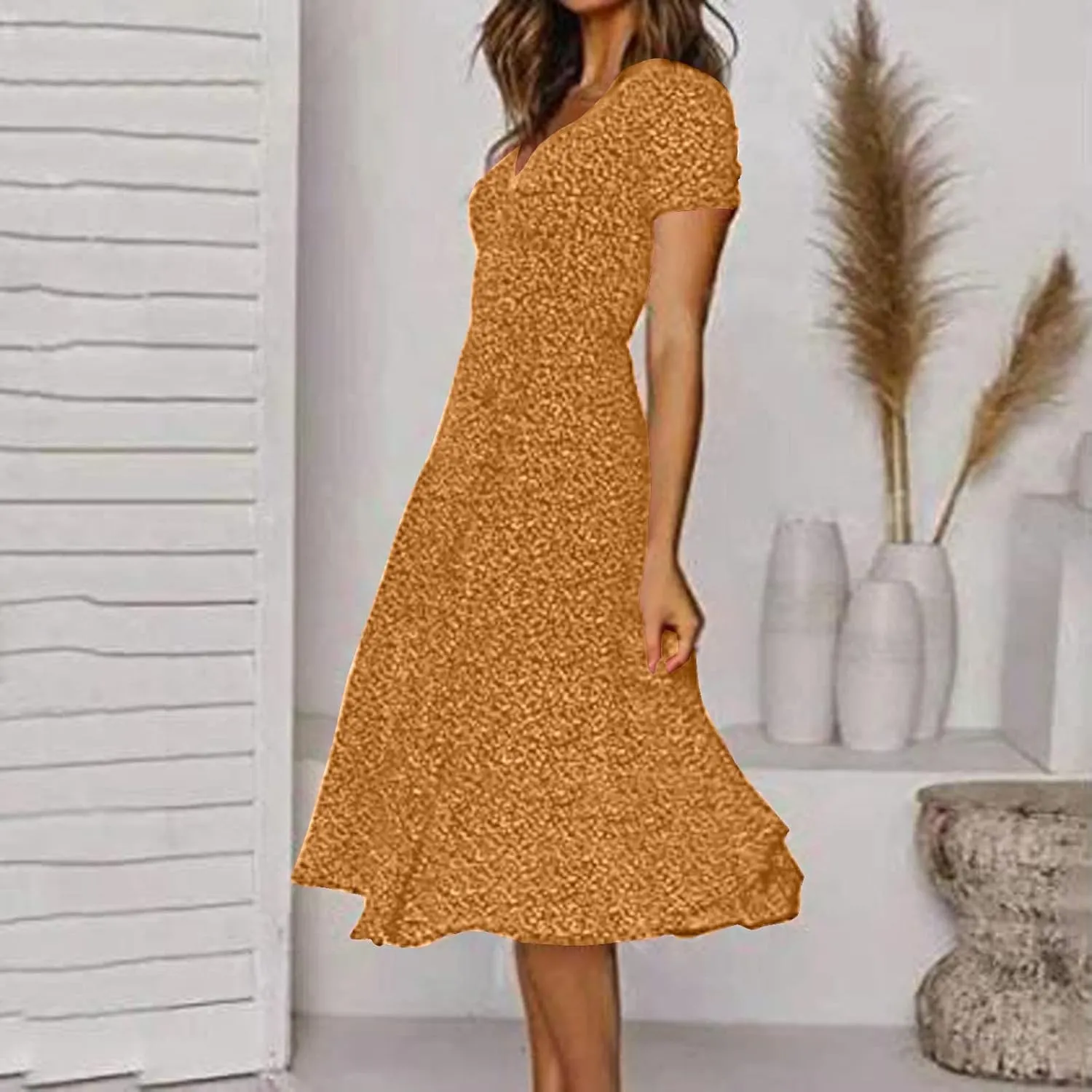 Womens Casual Floral A-Line Dresses V Neck Short Sleeve Lightweight Flowy Beach Sundress 2024 Trend Teaparty Traveling Dress