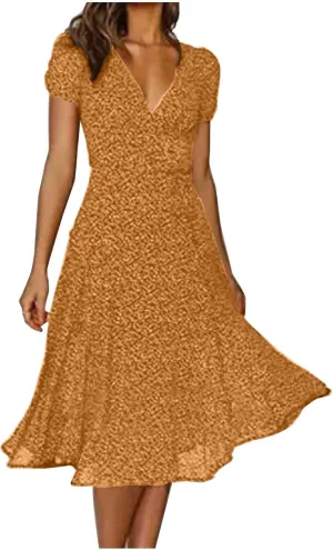 Womens Casual Floral A-Line Dresses V Neck Short Sleeve Lightweight Flowy Beach Sundress 2024 Trend Teaparty Traveling Dress