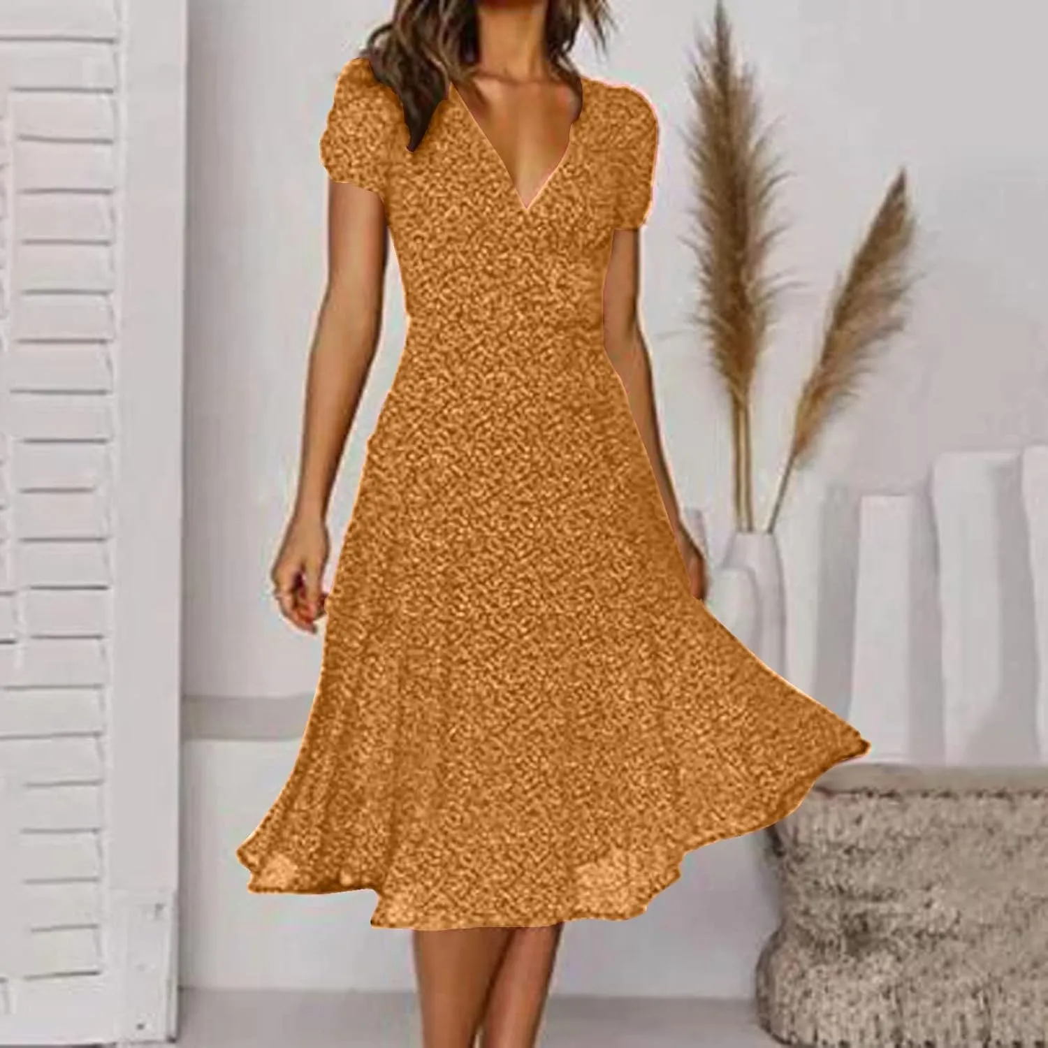 Womens Casual Floral A-Line Dresses V Neck Short Sleeve Lightweight Flowy Beach Sundress 2024 Trend Teaparty Traveling Dress