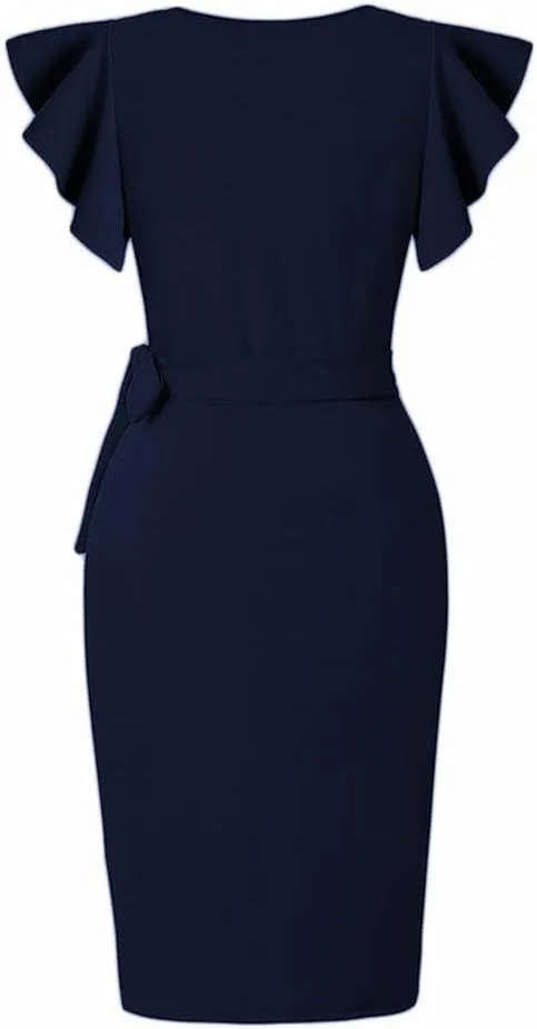 Womens Cocktail Party Dresses Ruffle Sleeve Dress V Neck Bodycon Business Work Wrap Sheath Dress Fashion Outfits