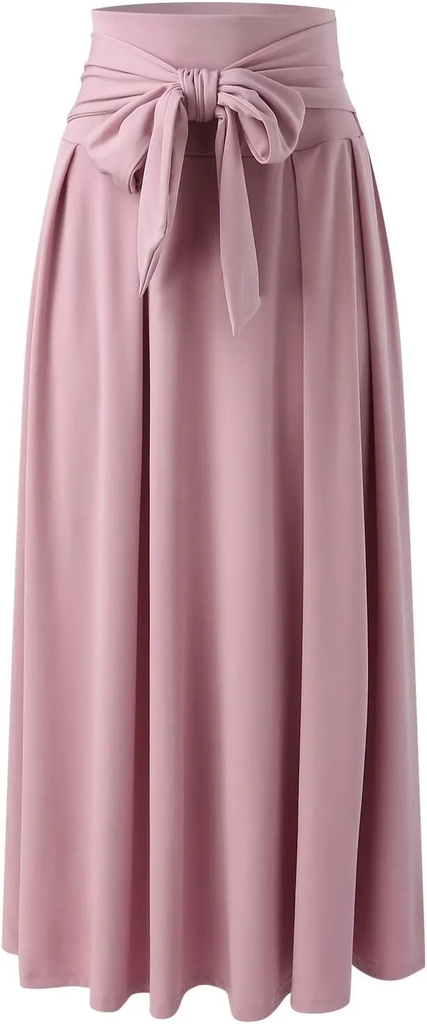 Women's Elegant High Waist Skirt Casual Solid Color Pleated Long Skirt Tie Front Ankle Length Maxi Skirts