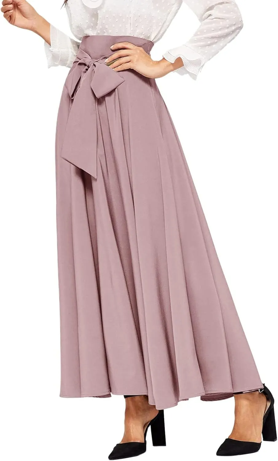 Women's Elegant High Waist Skirt Casual Solid Color Pleated Long Skirt Tie Front Ankle Length Maxi Skirts