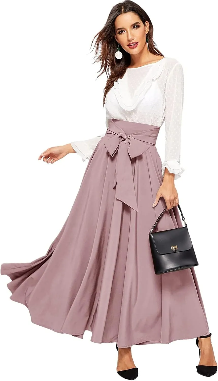Women's Elegant High Waist Skirt Casual Solid Color Pleated Long Skirt Tie Front Ankle Length Maxi Skirts