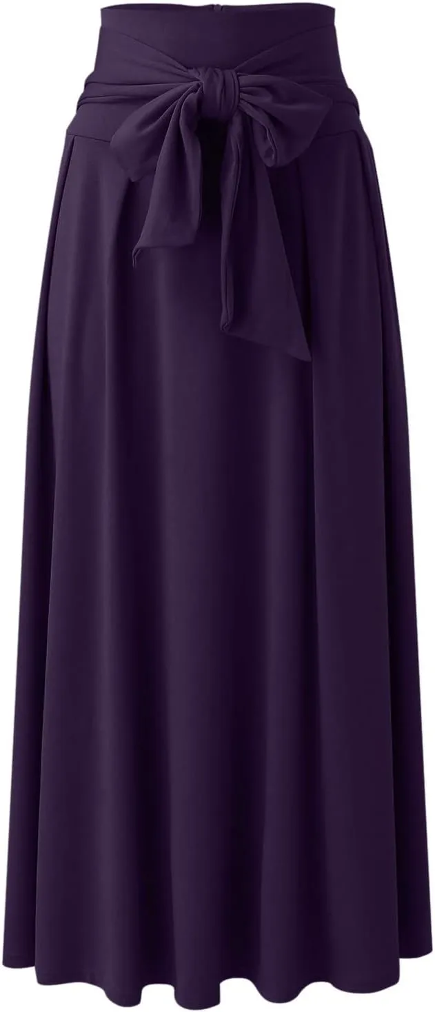 Women's Elegant High Waist Skirt Casual Solid Color Pleated Long Skirt Tie Front Ankle Length Maxi Skirts