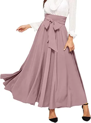 Women's Elegant High Waist Skirt Casual Solid Color Pleated Long Skirt Tie Front Ankle Length Maxi Skirts