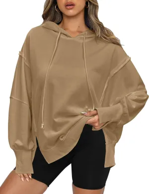 Womens Hoodies Oversized Sweatshirt Casual Long Sleeve Side Slit High Low Ribbed Knit Hem Pullover Y2K Clothes