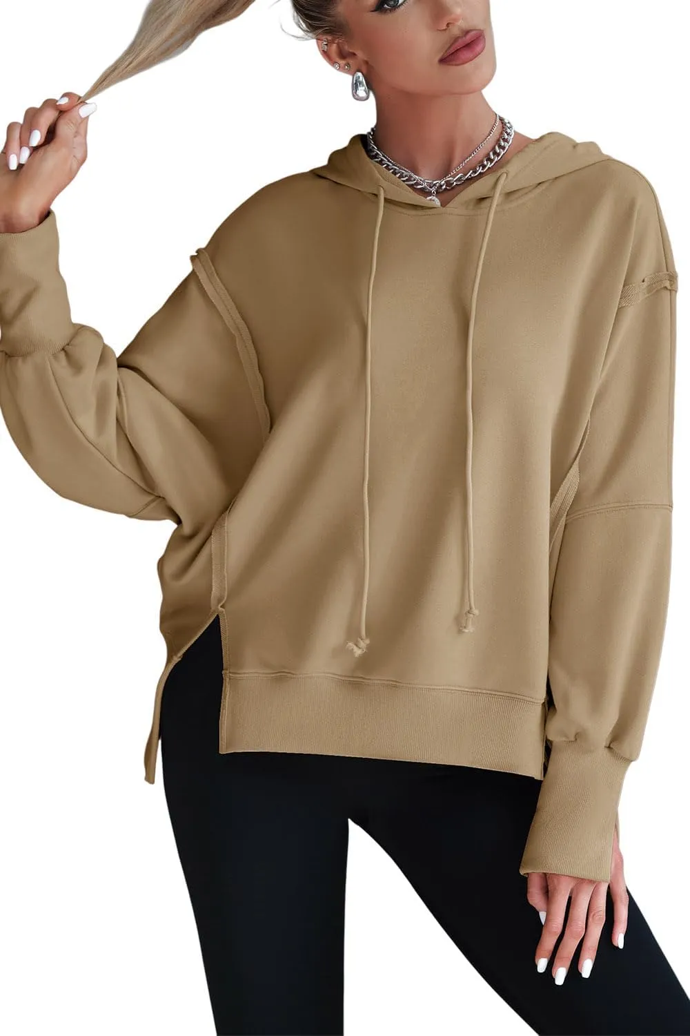 Womens Hoodies Oversized Sweatshirt Casual Long Sleeve Side Slit High Low Ribbed Knit Hem Pullover Y2K Clothes