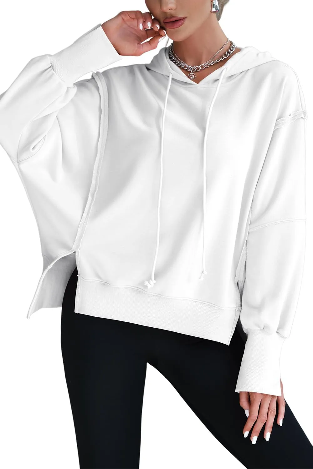 Womens Hoodies Oversized Sweatshirt Casual Long Sleeve Side Slit High Low Ribbed Knit Hem Pullover Y2K Clothes