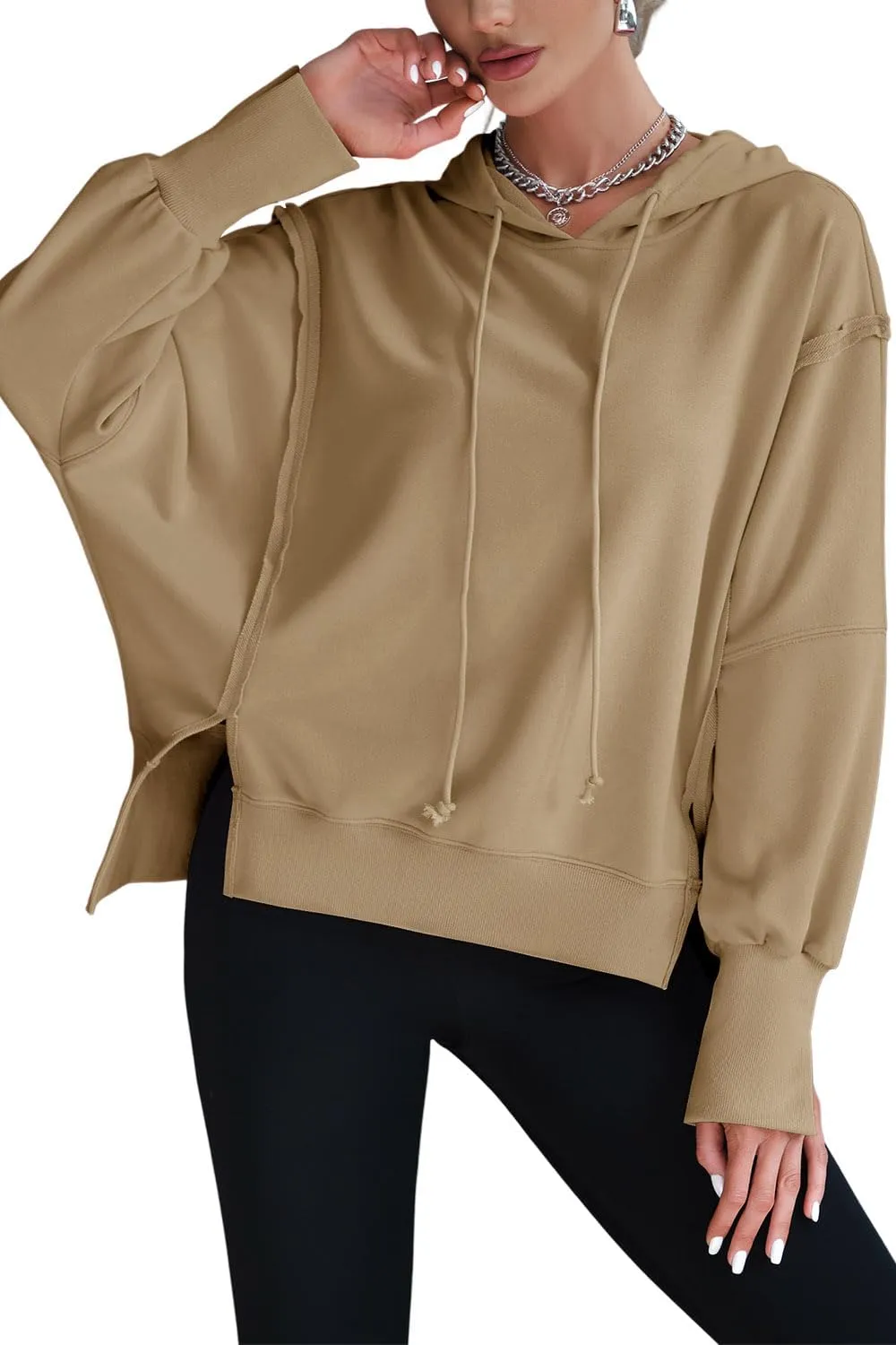 Womens Hoodies Oversized Sweatshirt Casual Long Sleeve Side Slit High Low Ribbed Knit Hem Pullover Y2K Clothes