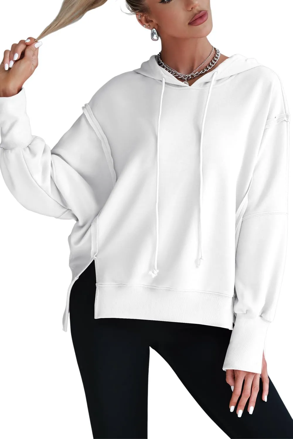 Womens Hoodies Oversized Sweatshirt Casual Long Sleeve Side Slit High Low Ribbed Knit Hem Pullover Y2K Clothes