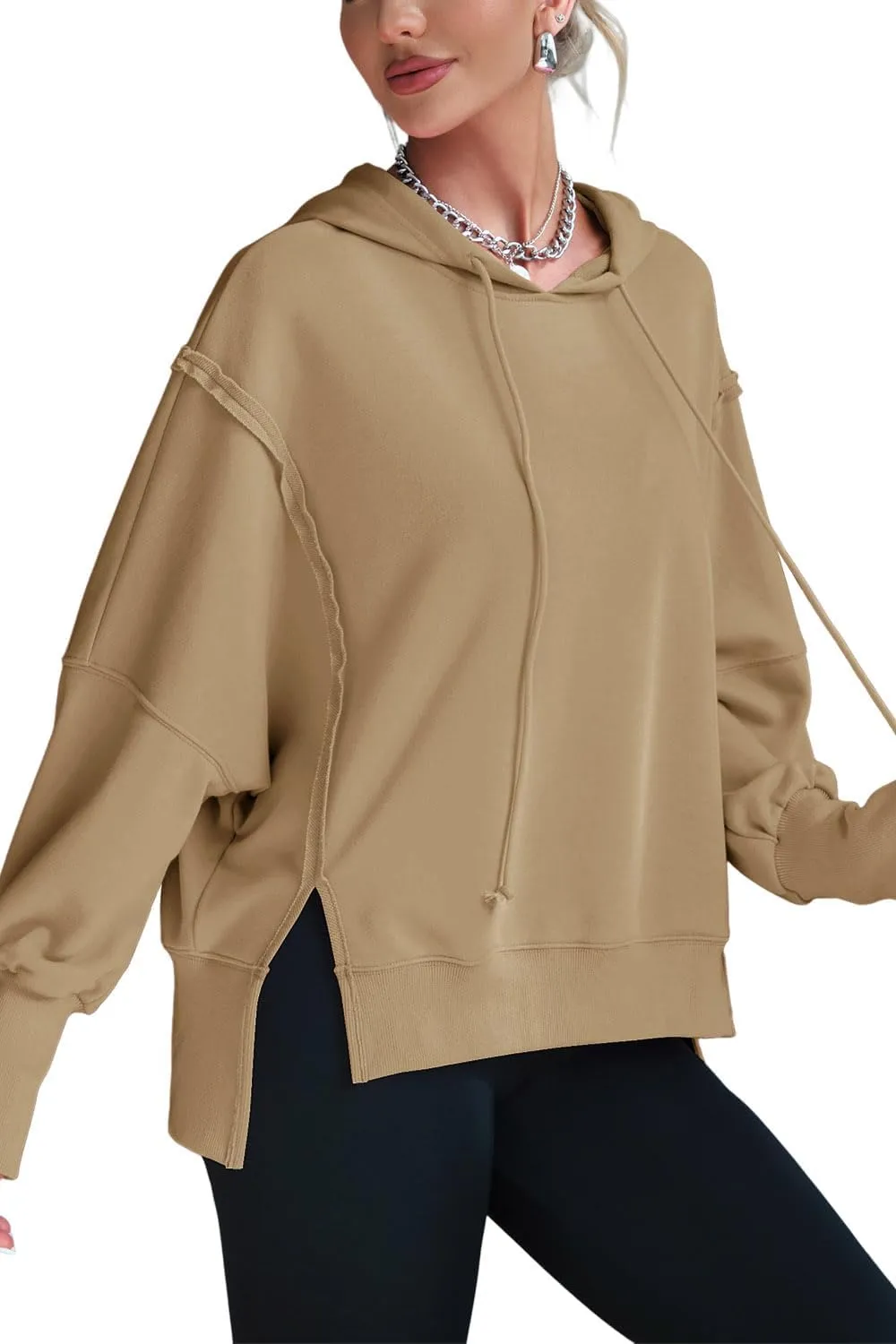 Womens Hoodies Oversized Sweatshirt Casual Long Sleeve Side Slit High Low Ribbed Knit Hem Pullover Y2K Clothes