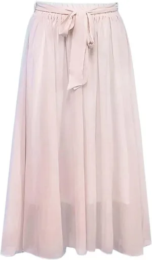 Women's Large Hem Swing Chiffon Long Skirt Elastic High Waist Lace Up Maxi Skirt Solid Color Pleated Skirts