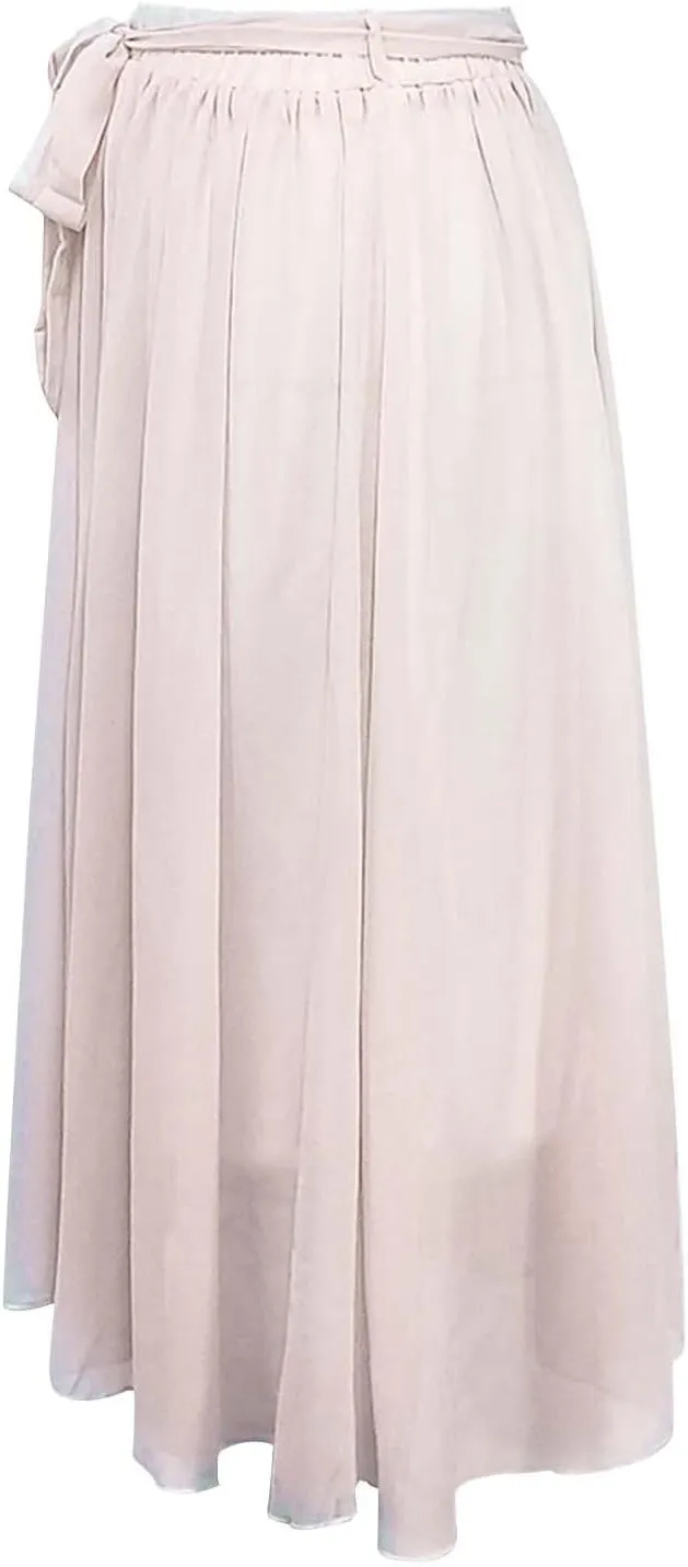 Women's Large Hem Swing Chiffon Long Skirt Elastic High Waist Lace Up Maxi Skirt Solid Color Pleated Skirts