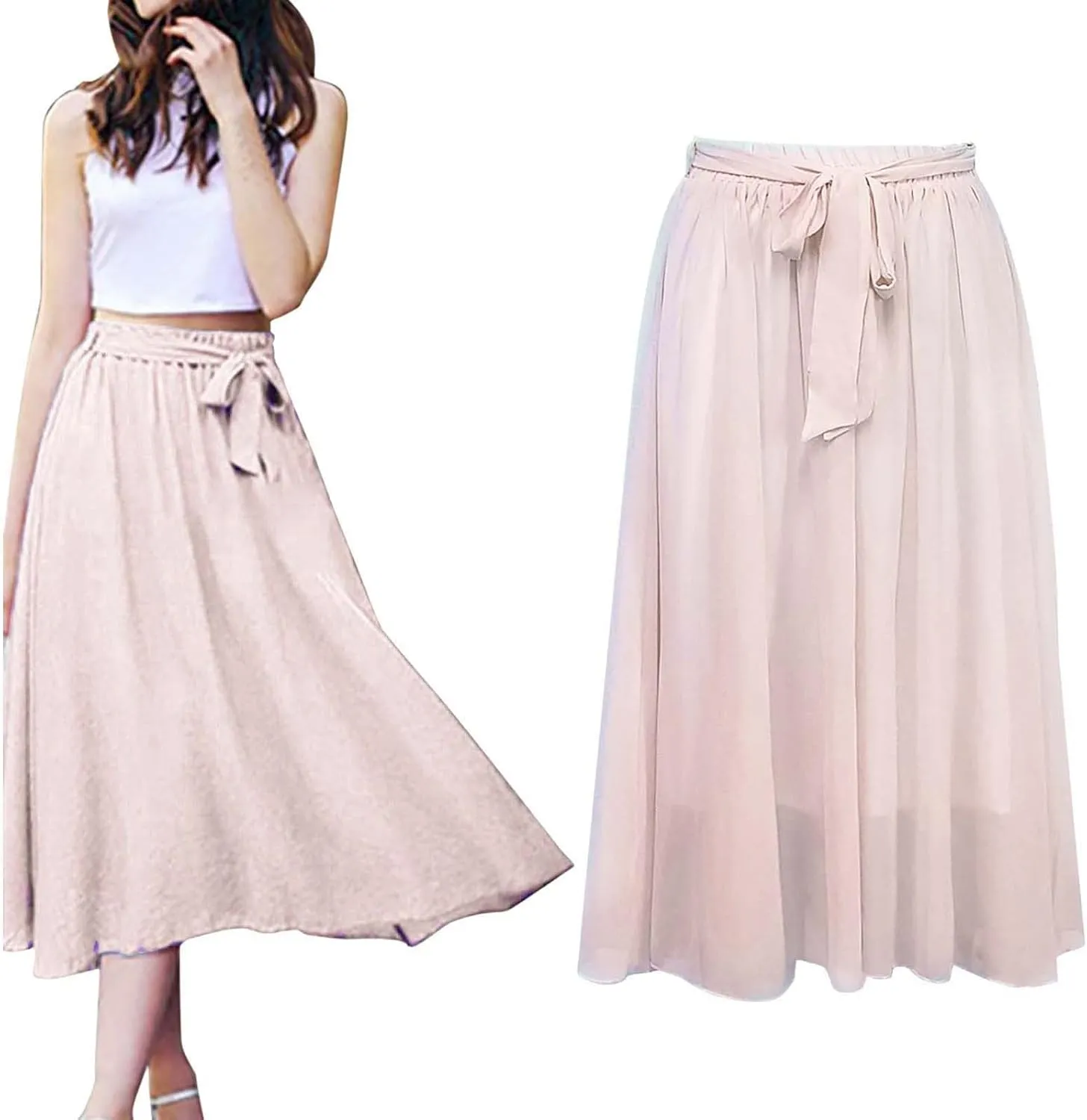 Women's Large Hem Swing Chiffon Long Skirt Elastic High Waist Lace Up Maxi Skirt Solid Color Pleated Skirts