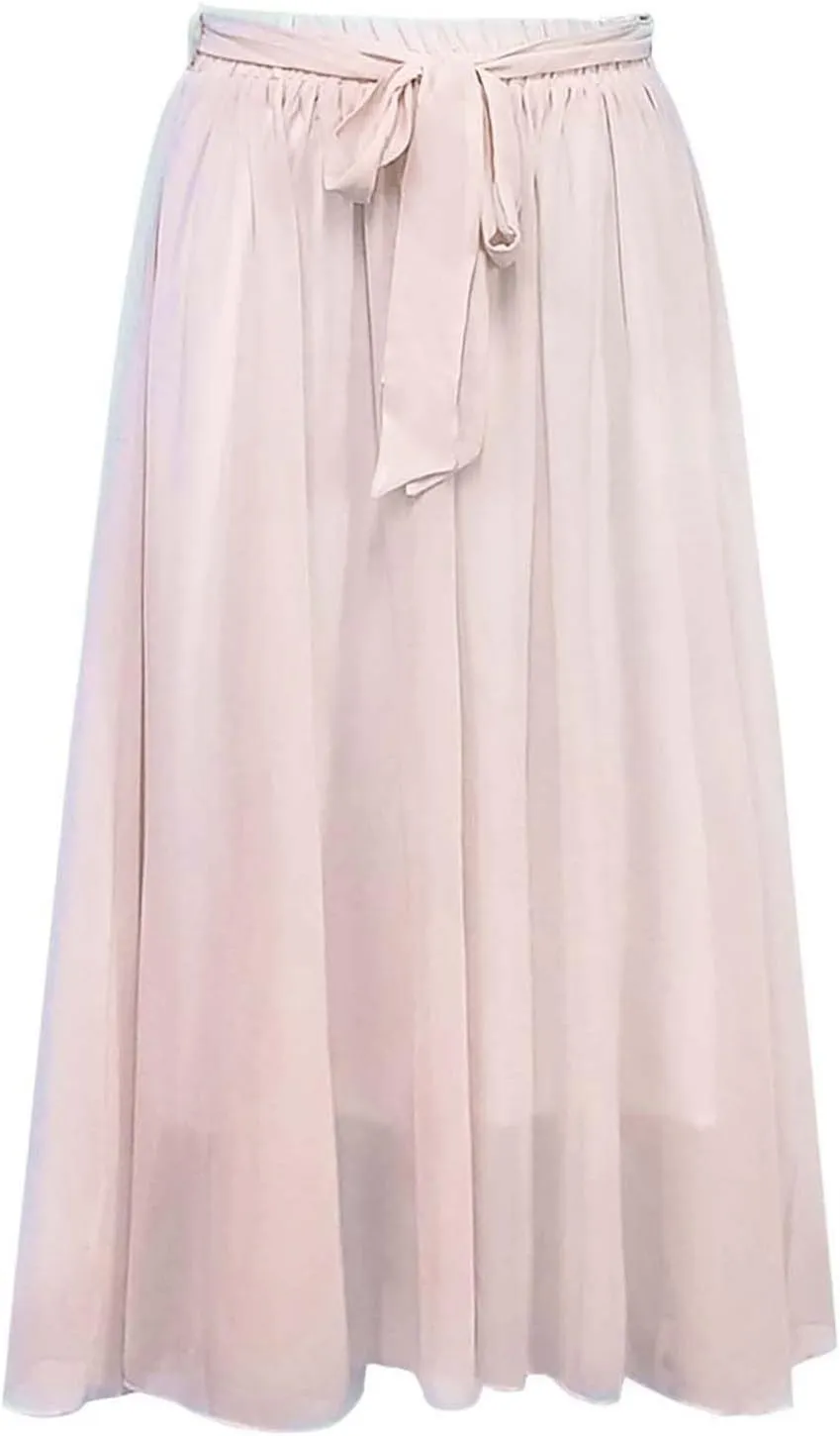 Women's Large Hem Swing Chiffon Long Skirt Elastic High Waist Lace Up Maxi Skirt Solid Color Pleated Skirts