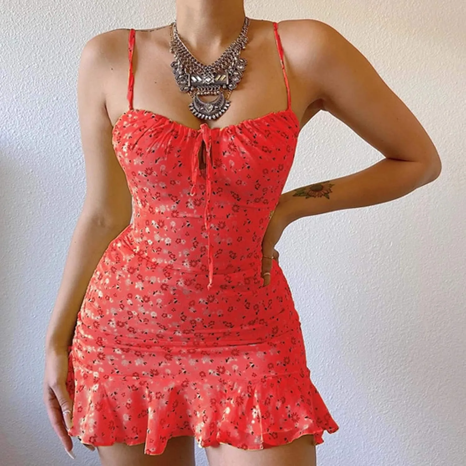 Womens Mini Floral Dresses 2024 Summer Lightweight Casual Dress Spaghetti Strap Bodycorn Ruffle Fashion Print Sundress