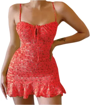 Womens Mini Floral Dresses 2024 Summer Lightweight Casual Dress Spaghetti Strap Bodycorn Ruffle Fashion Print Sundress