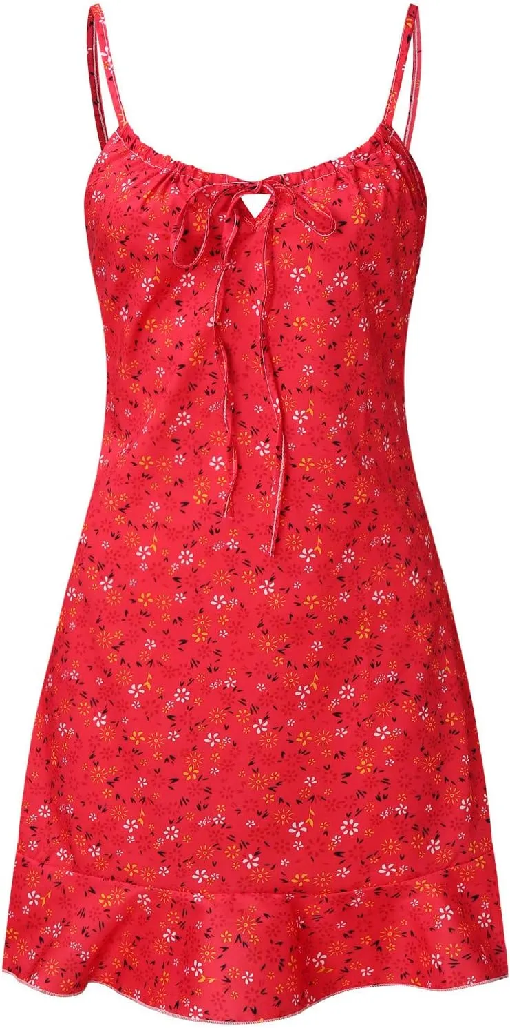 Womens Mini Floral Dresses 2024 Summer Lightweight Casual Dress Spaghetti Strap Bodycorn Ruffle Fashion Print Sundress