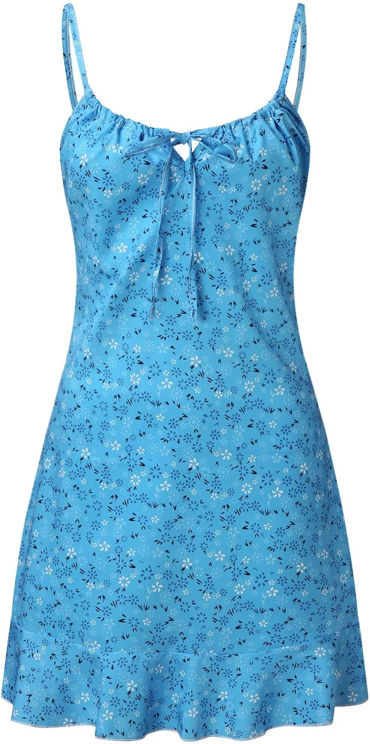 Womens Mini Floral Dresses Spaghetti Strap Bodycorn Ruffle Fashion Print Sundress 2024 Summer Lightweight Casual Dress
