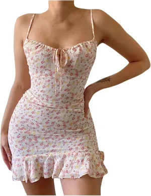 Womens Mini Floral Dresses Spaghetti Strap Bodycorn Ruffle Fashion Print Sundress 2024 Summer Lightweight Casual Dress
