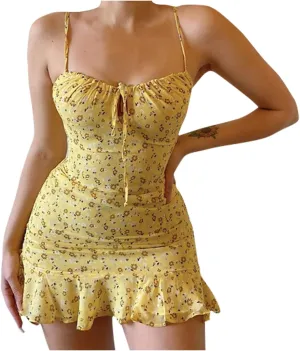 Womens Mini Floral Dresses Spaghetti Strap Bodycorn Ruffle Fashion Print Sundress 2024 Summer Lightweight Casual Dress
