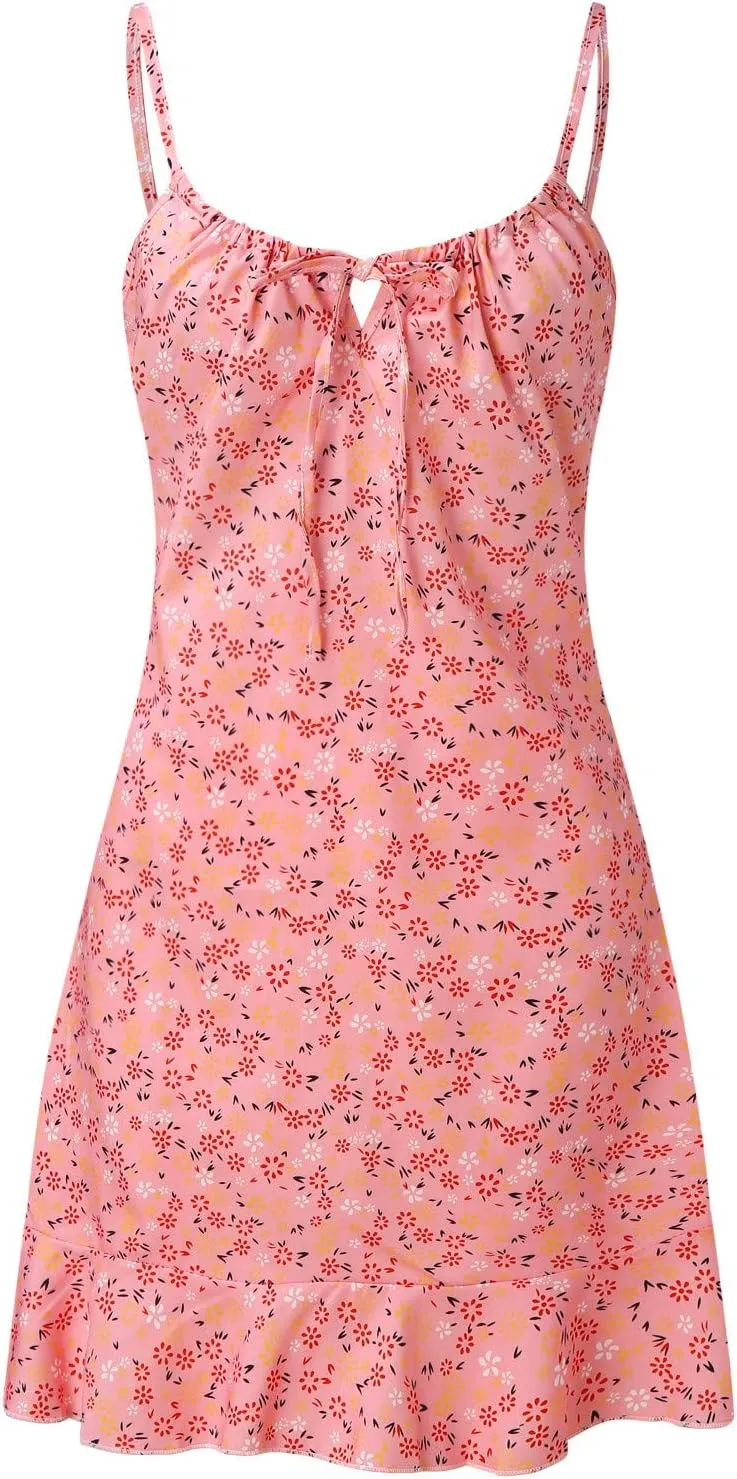 Womens Mini Floral Dresses Spaghetti Strap Bodycorn Ruffle Fashion Print Sundress 2024 Summer Lightweight Casual Dress