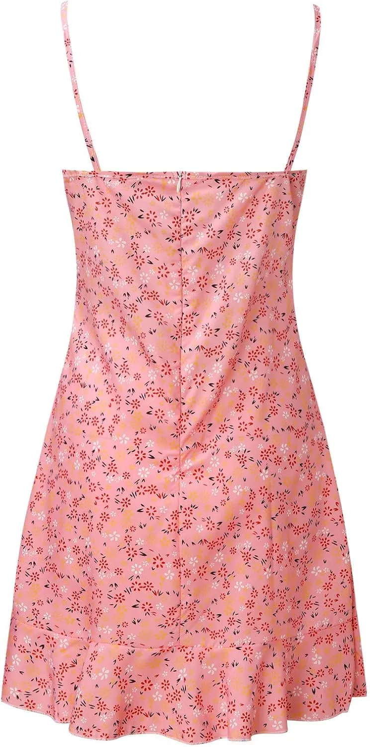 Womens Mini Floral Dresses Spaghetti Strap Bodycorn Ruffle Fashion Print Sundress 2024 Summer Lightweight Casual Dress