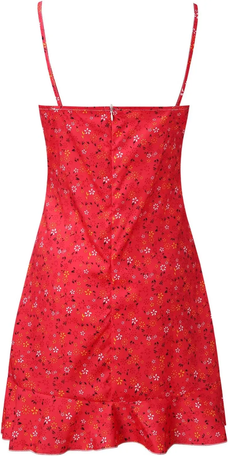 Womens Mini Floral Dresses Spaghetti Strap Bodycorn Ruffle Fashion Print Sundress 2024 Summer Lightweight Casual Dress